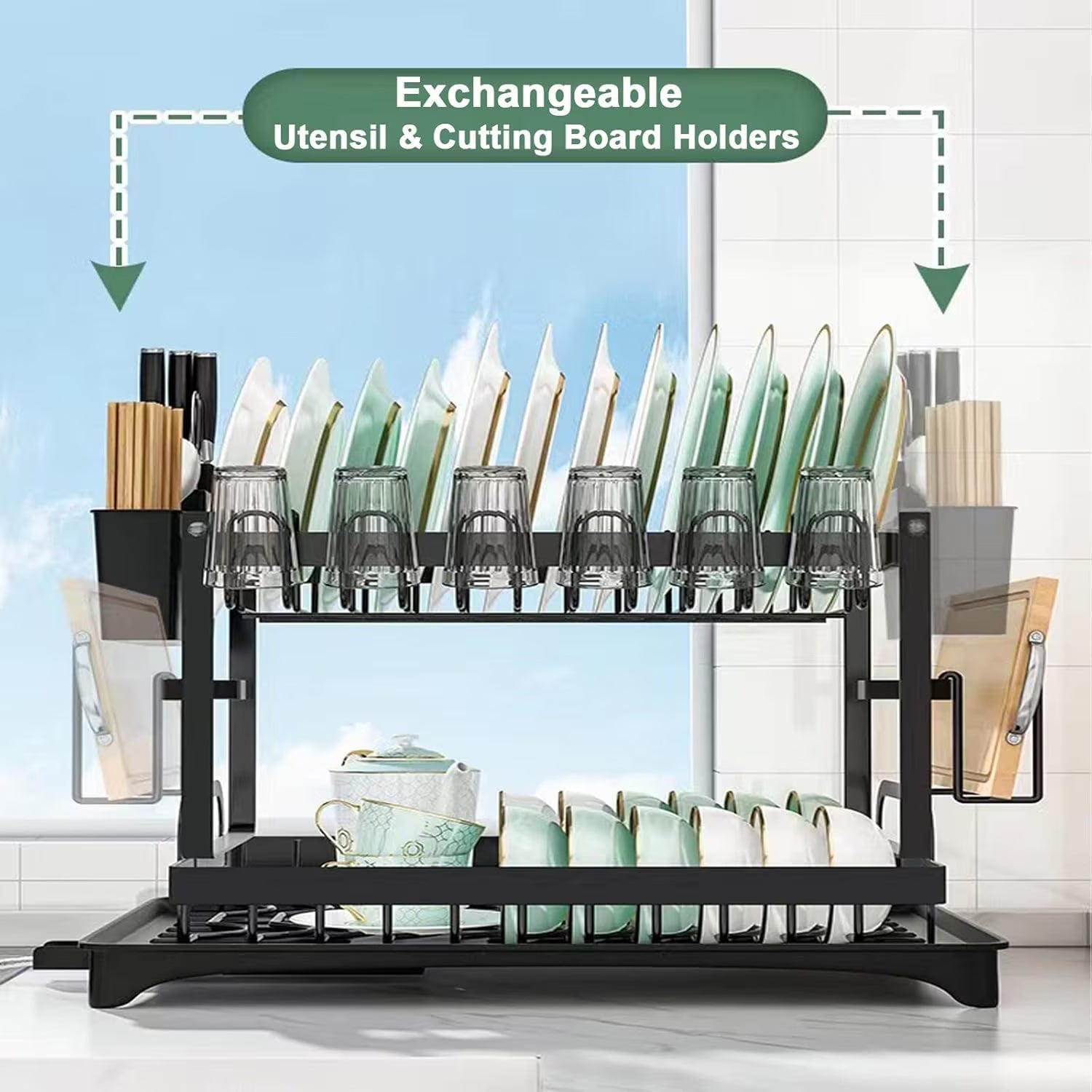 Scurgator vase, design auto-draining, organizator compact, negru, 42x30x29cm
