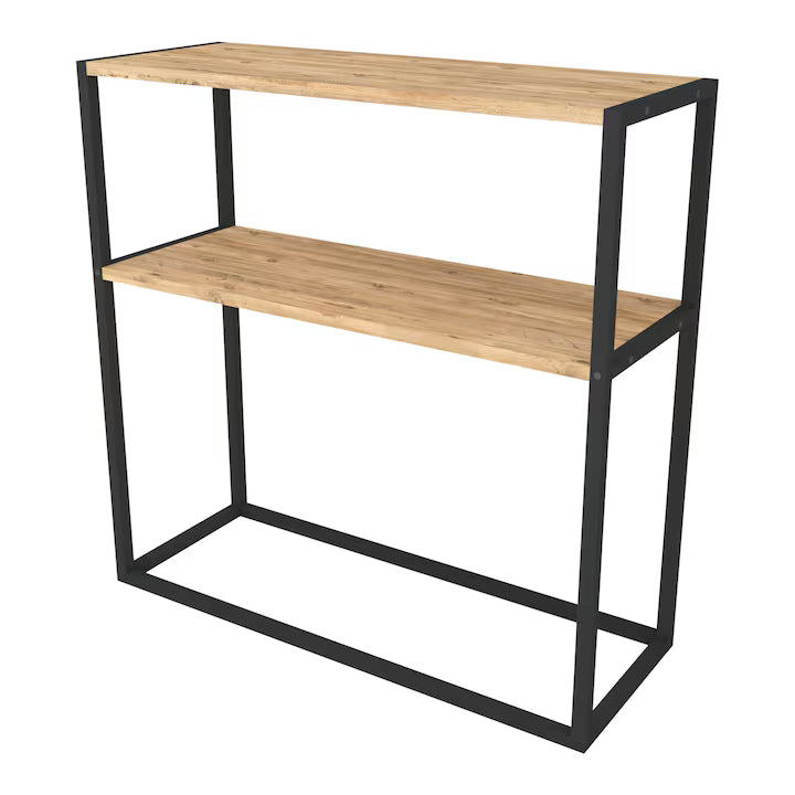 Masă consola decorativa cu 2 rafturi, 90x90x33,5 cm, efect stejar și cadru metalic