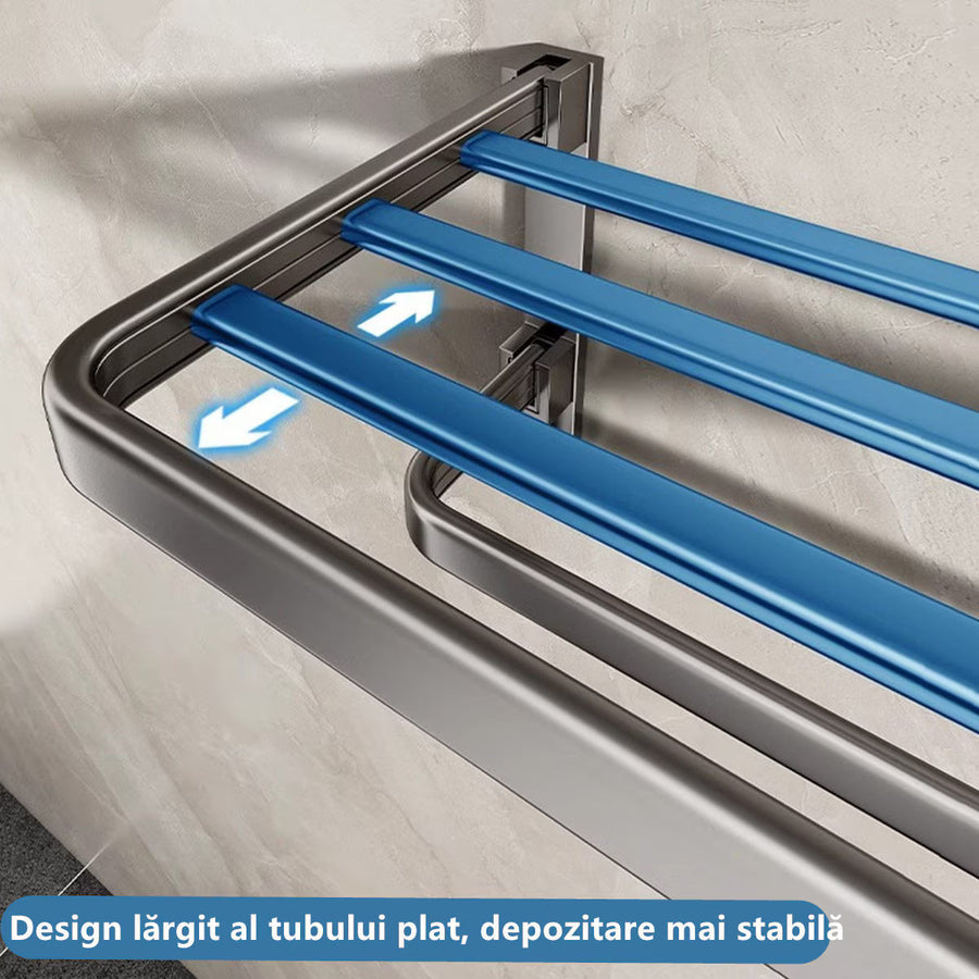 Suport prosoape baie, pliabil, aluminiu spatial, cu polita si carlige, lungime 60cm, Gri