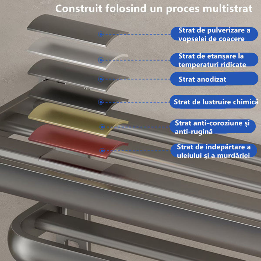Suport prosoape baie, pliabil, aluminiu spatial, cu polita si carlige, lungime 60cm, Gri