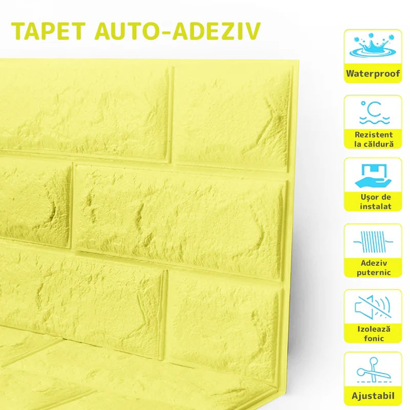 Tapet 3D caramida galbena  auto-adeziv pentru interior, 70 x 77 cm