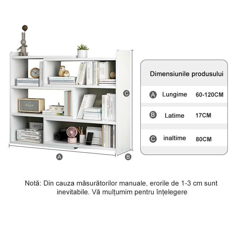 RESIGILAT - Biblioteca cu 6 compartimente, rotativa, cu lungime reglabila si extensibila, (60-120)×17×80cm, alb