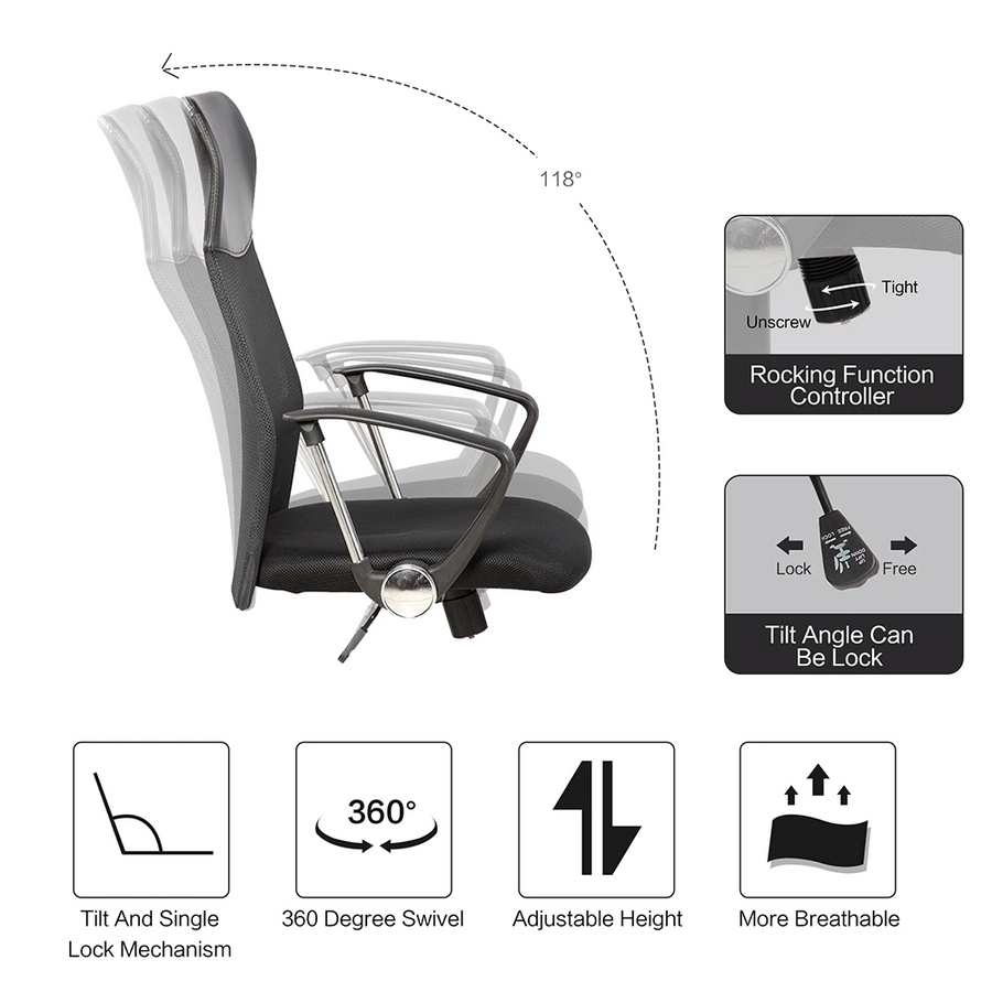Scaun de birou ergonomic, mesh, inaltime reglabila, mecanism tilt, Negru