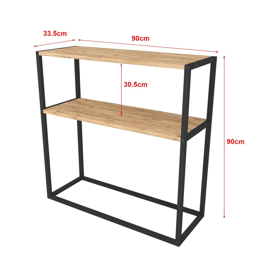 Masă consola decorativa cu 2 rafturi, 90x90x33,5 cm, efect stejar și cadru metalic