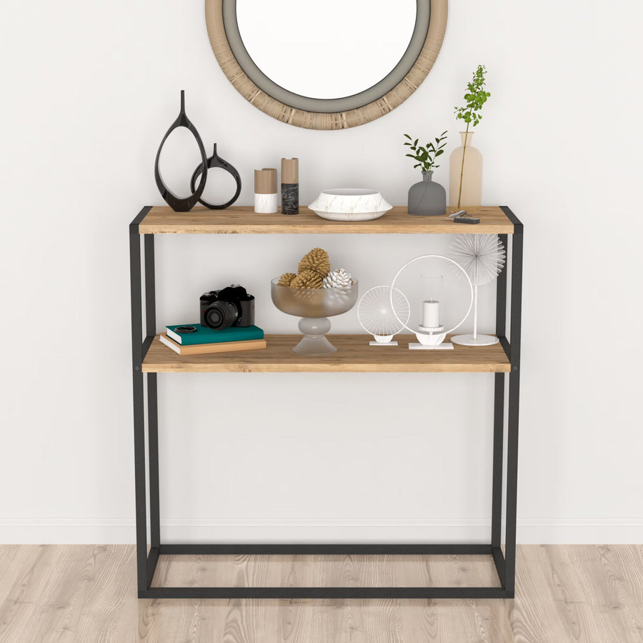 Masă consola decorativa cu 2 rafturi, 90x90x33,5 cm, efect stejar și cadru metalic