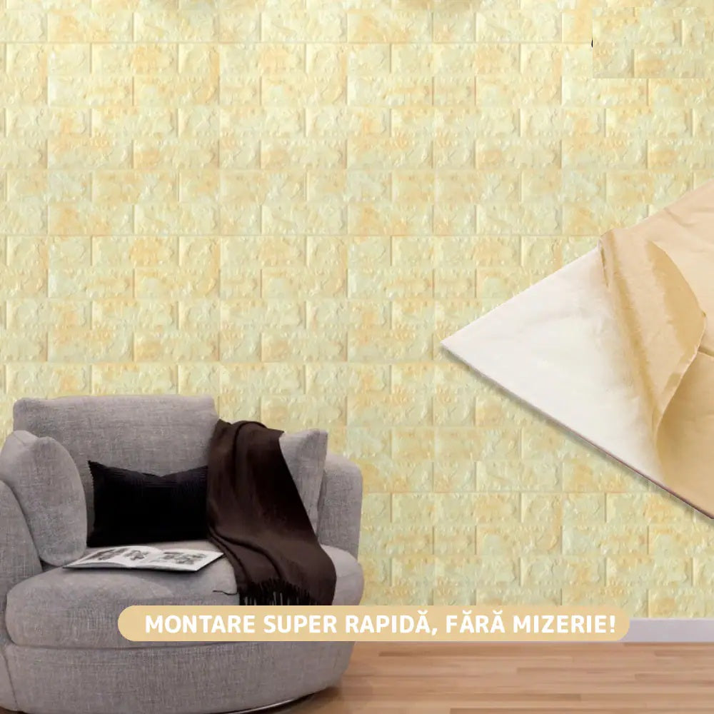 Tapet 3D caramida model galben-alb auto-adeziv pentru interior, 70 x 77 cm