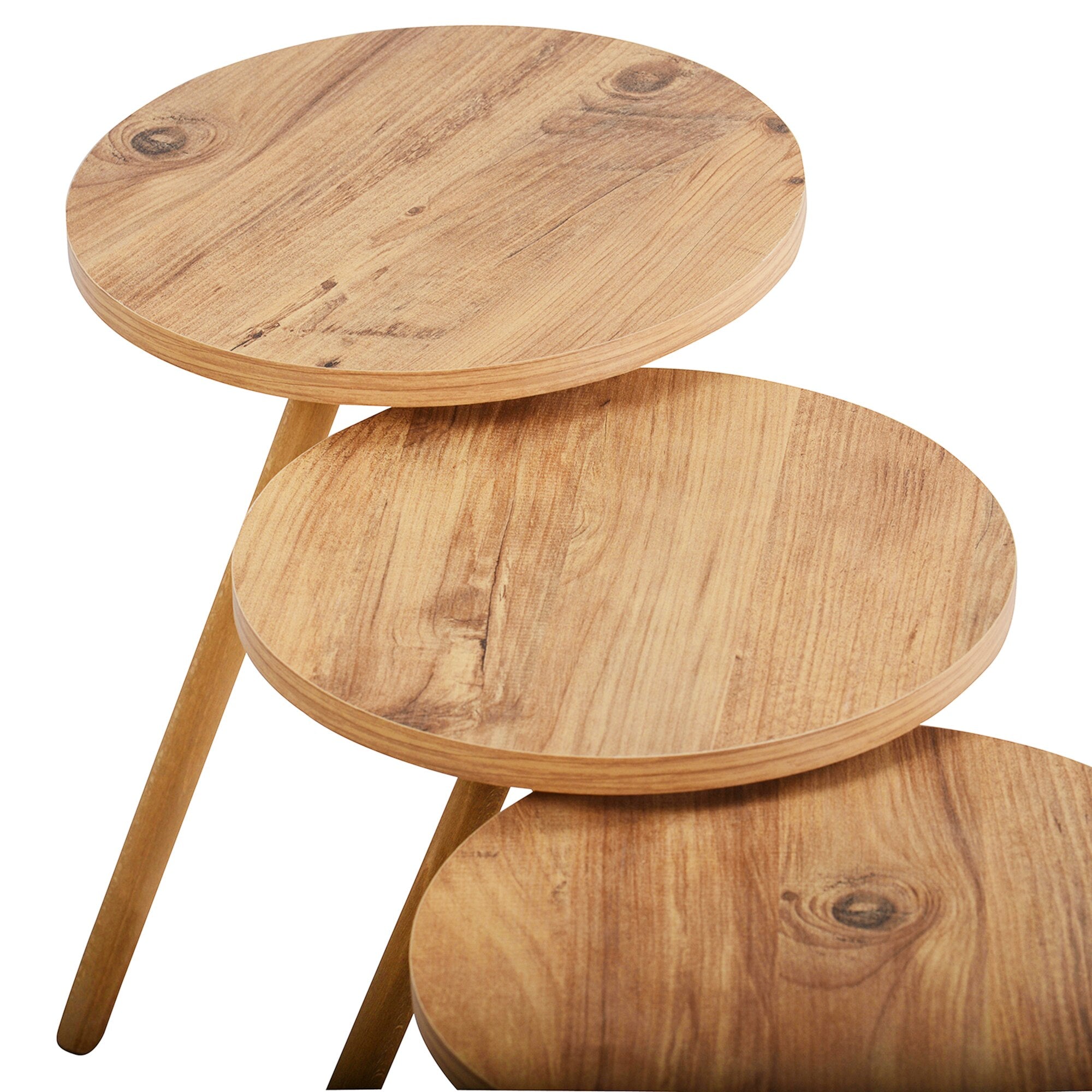 Set 3 masute decorative rotunde, cu picioare din lemn, stil scandinav, 3 inaltimi 41 / 45 / 49 cm