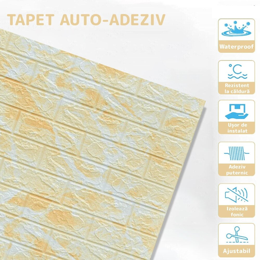 Tapet 3D caramida model galben-alb auto-adeziv pentru interior, 70 x 77 cm