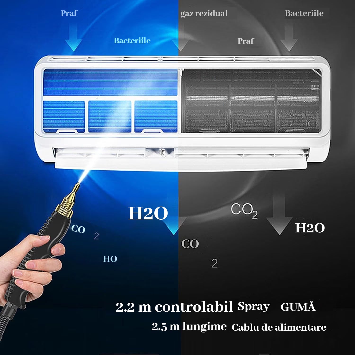 Aparat de curatat cu abur, 4 accesorii incluse, 2500W, alb/negru