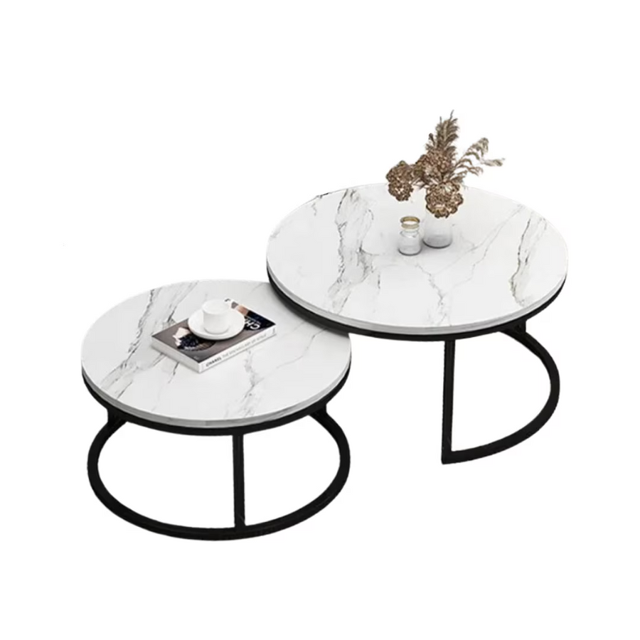 Set 2 masute rotunde de cafea cu efect de marmura, diametru 70/50 cm, blat MDF, cadru metalic