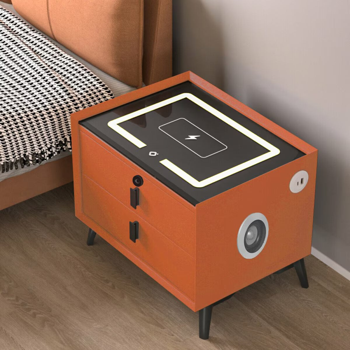 Noptiera Smart Multifunctionala, iluminare LED tactil cu 3 culori, incarcare wireless si USB, difuzor Bluetooth, 2 sertare