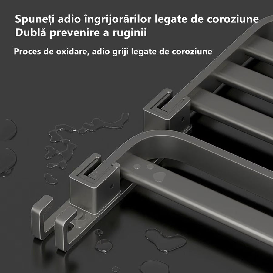 Suport prosoape baie, pliabil, aluminiu spatial, cu polita si carlige, lungime 60cm, Gri