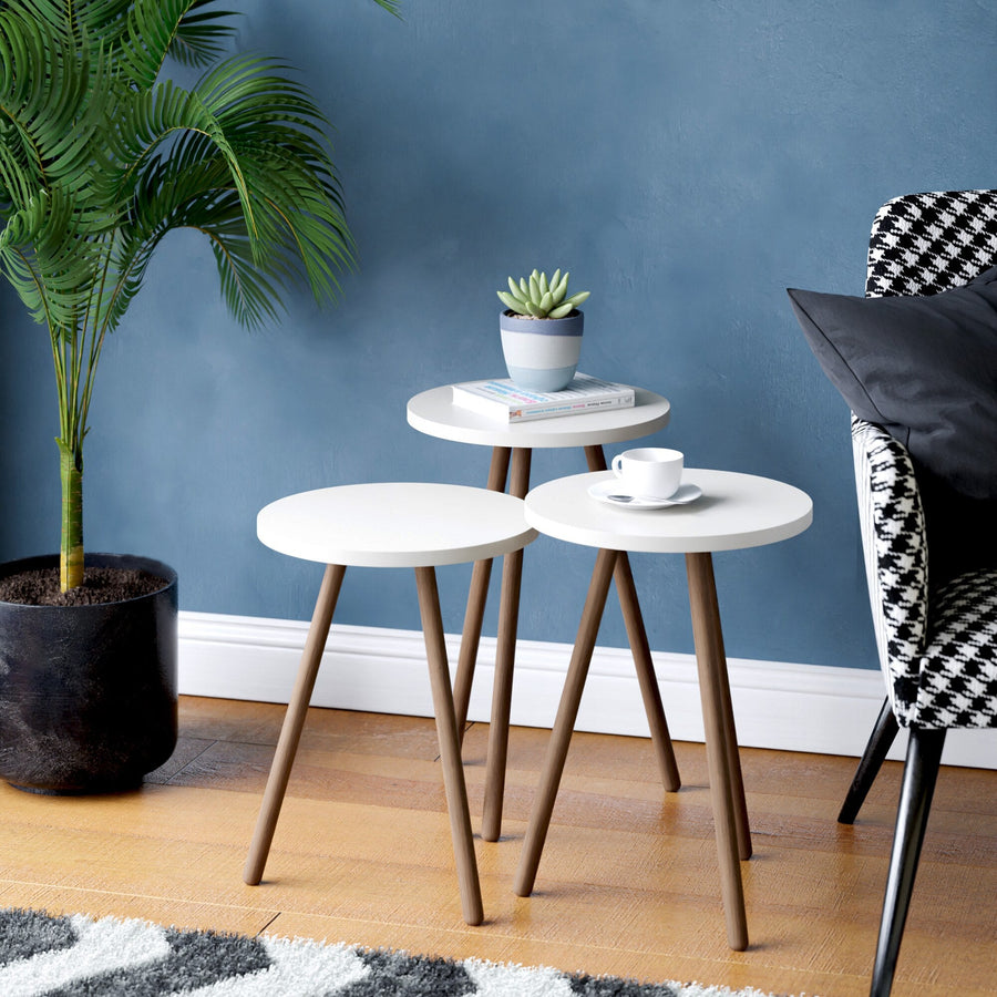 Set 3 masute decorative rotunde, cu picioare din lemn, stil scandinav, 3 inaltimi 41 / 45 / 49 cm