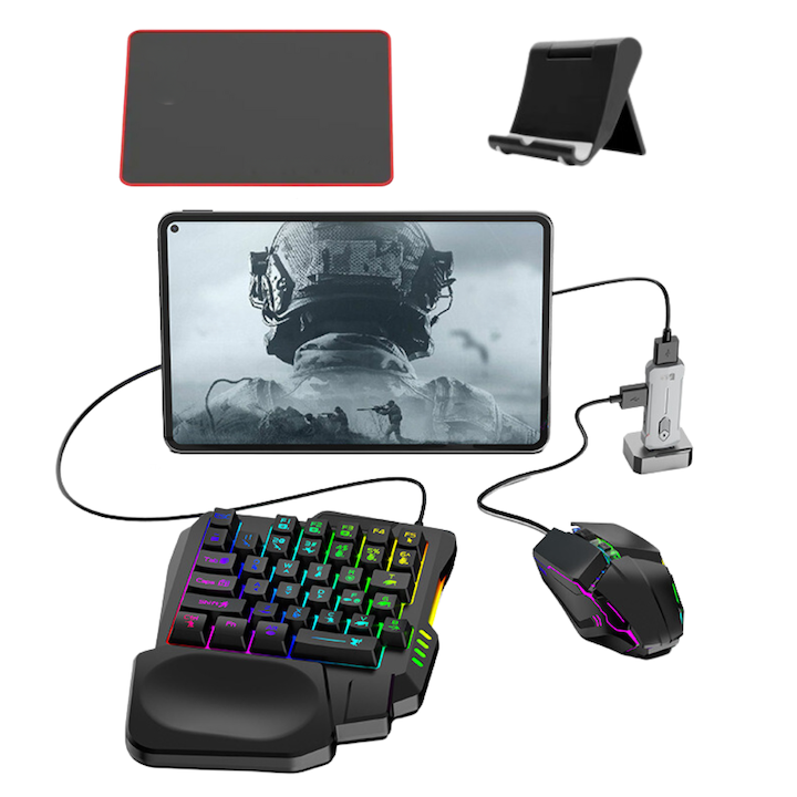 Set Gaming telefon complet 5 in 1 cu tastatura Iluminata RGB, emulator jocuri telefon, mouse gaming, suport telefon Inclus, mouse pad Inclus, Wireless, cu inteligent Spray control, compatibil Android