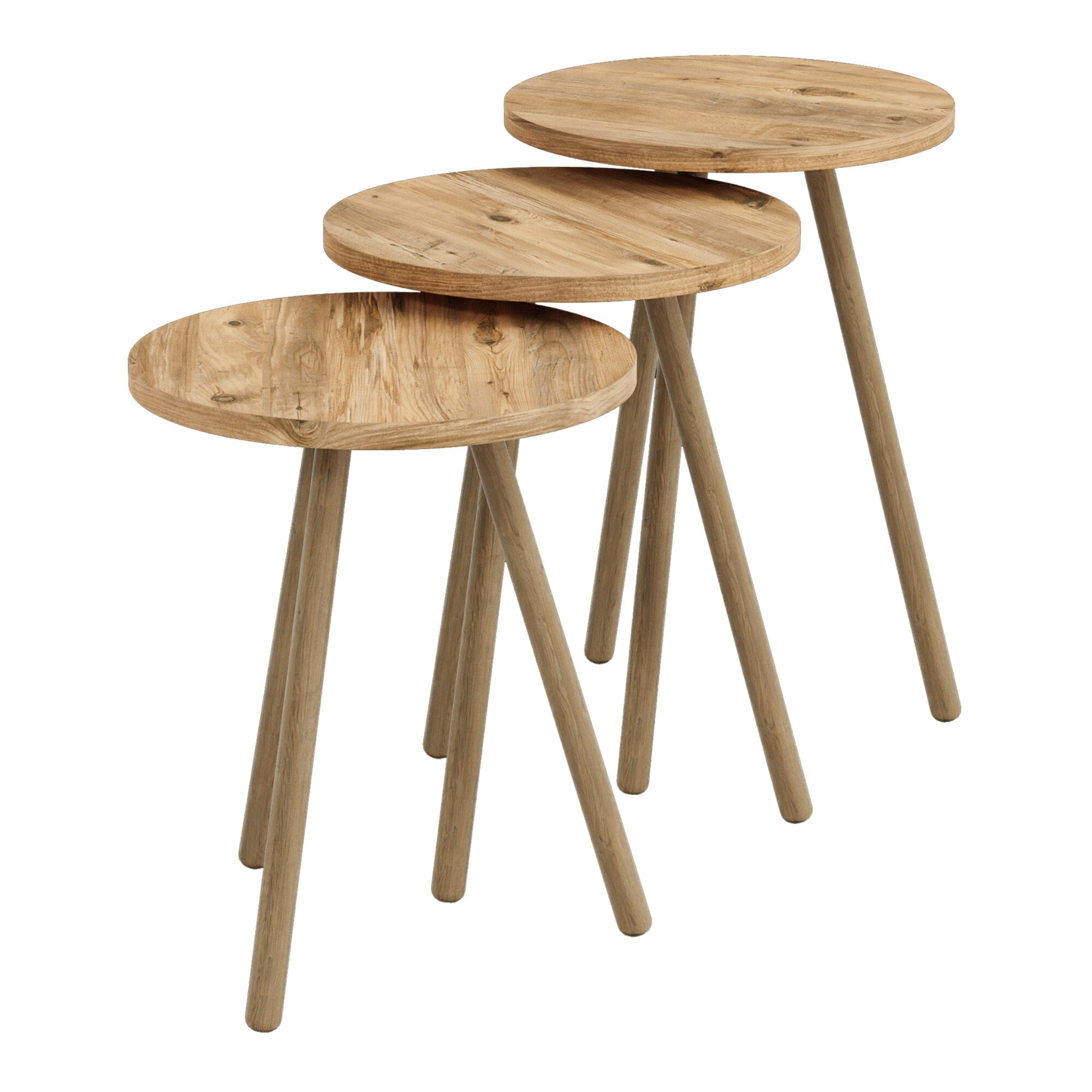 Set 3 masute decorative rotunde, cu picioare din lemn, stil scandinav, 3 inaltimi 41 / 45 / 49 cm
