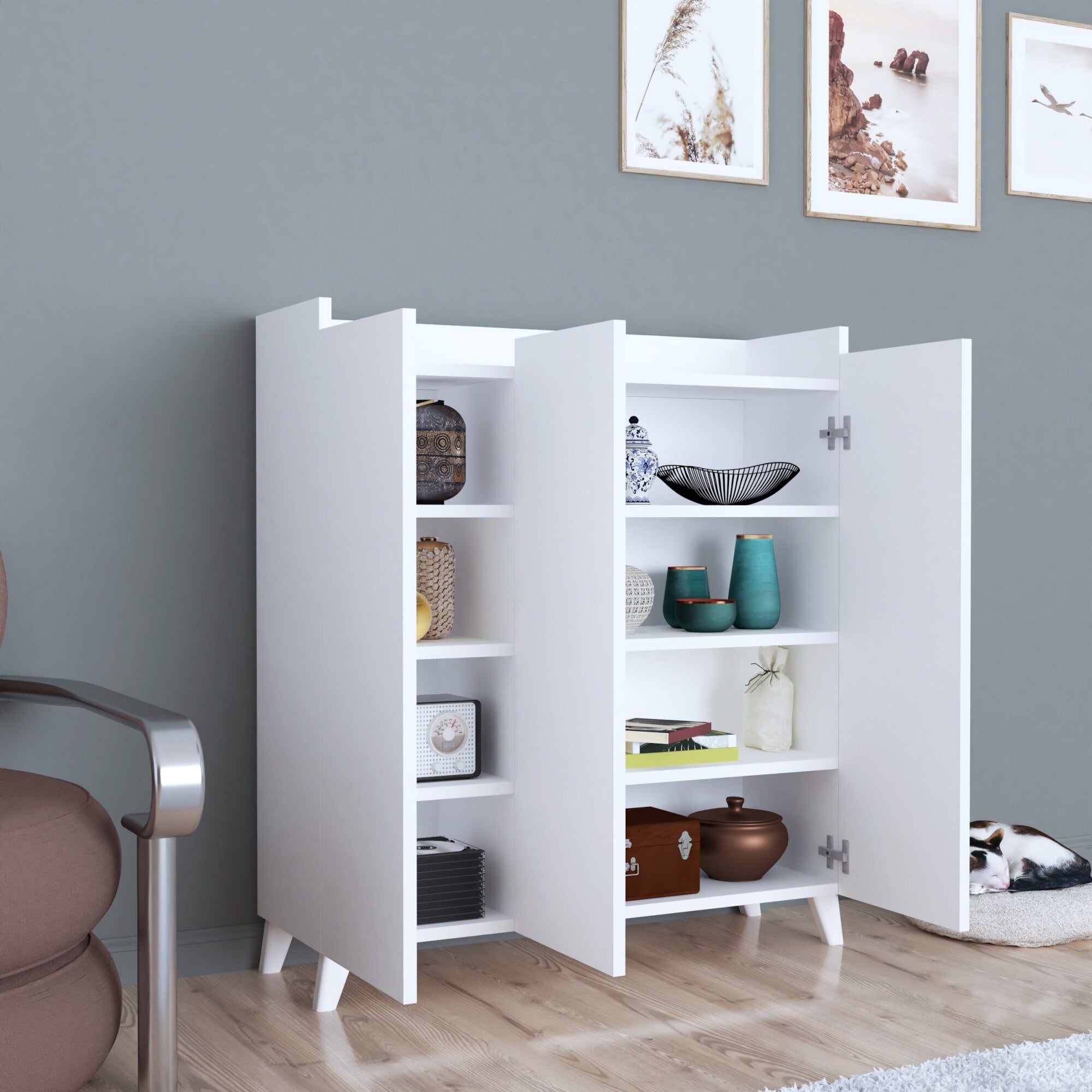 RESIGILAT - Dulap multifunctional cu 3 usi, Design scandinav modern 103.5 x 90 x 30cm