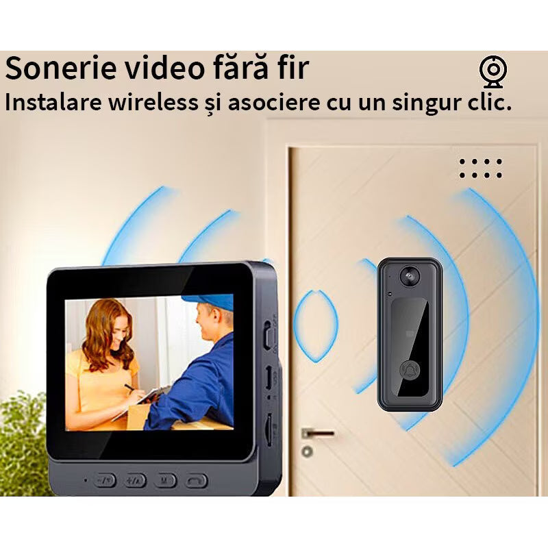 Sonerie video inteligenta Wireless, Ecran IPS 4.3 inch, Night Vision, Senzor IR, Interfon Video HD, 8MP, comunicare bidirectionala, unghi de vizualizare 170°, baterii incorporate, Negru