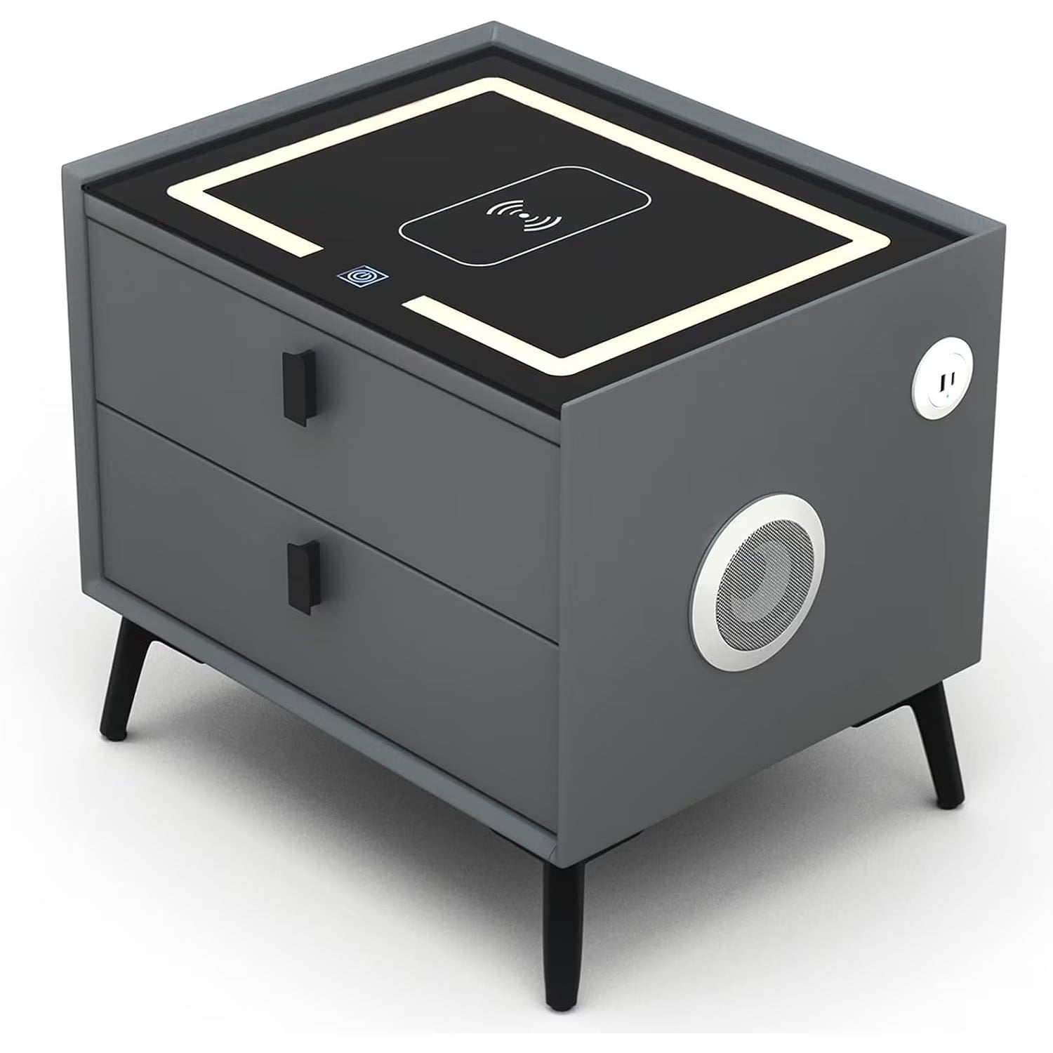 Noptiera Smart Multifunctionala, iluminare LED tactil cu 3 culori, incarcare wireless si USB, difuzor Bluetooth, 2 sertare