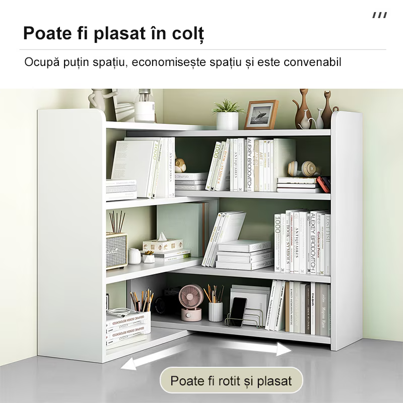 RESIGILAT - Biblioteca cu 6 compartimente, rotativa, cu lungime reglabila si extensibila, (60-120)×17×80cm, alb