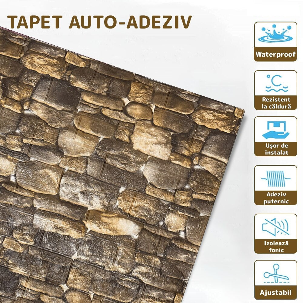 Tapet 3D caramida model piatra naturala auto-adeziv pentru interior, 70 x 77 cm