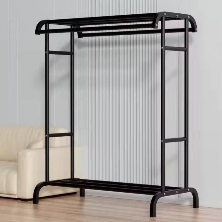 RESIGILAT - Suport dublu de umerase pentru haine, cu 1 suport de pantofi, din metal, cu raft depozitare deasupra – 50KG greutate maxima, 150x120x48cm