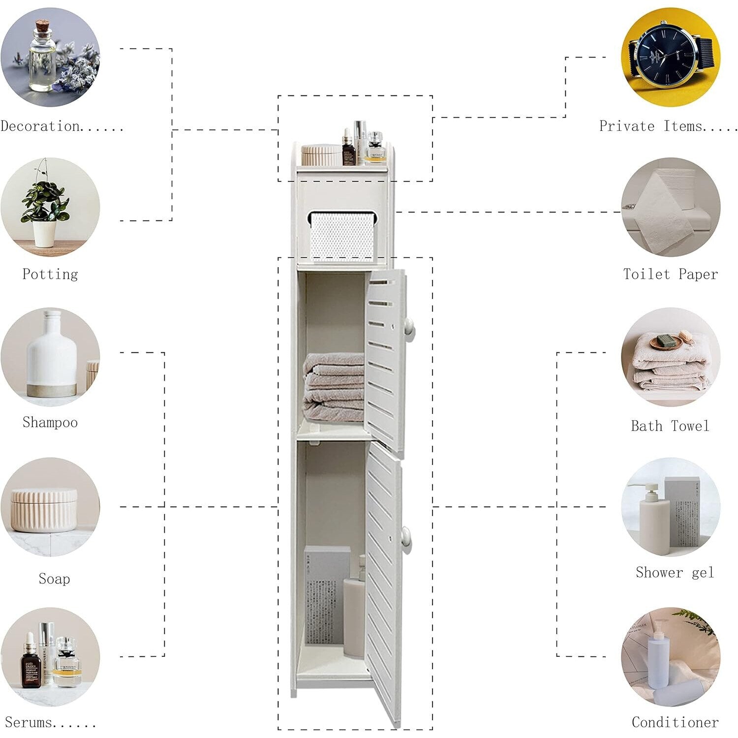 Dulap slim pentru baie cu suport hartie si 3 polite depozitare, alb, 80 cm x 17 cm x 15 cm