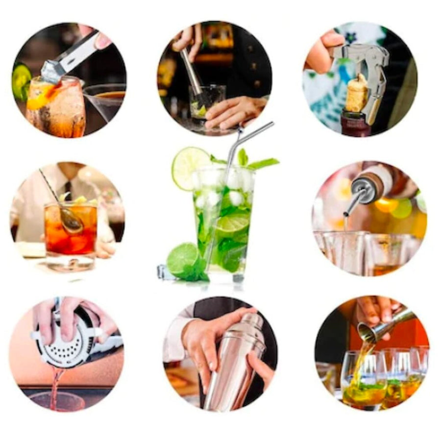Set de Barman pentru Bauturi, suport din Bambus, Shaker Cobbler 550 ml, 10 Piese, Otel Inoxidabil, Argintiu