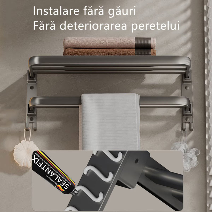 Suport prosoape baie, pliabil, aluminiu spatial, cu polita si carlige, lungime 60cm, Gri