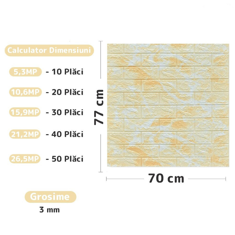 Tapet 3D caramida model galben-alb auto-adeziv pentru interior, 70 x 77 cm