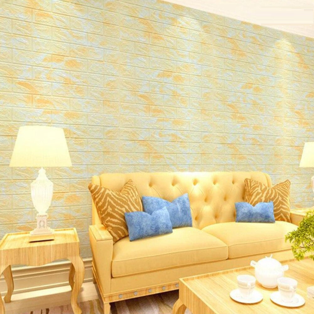 Tapet 3D caramida model galben-alb auto-adeziv pentru interior, 70 x 77 cm