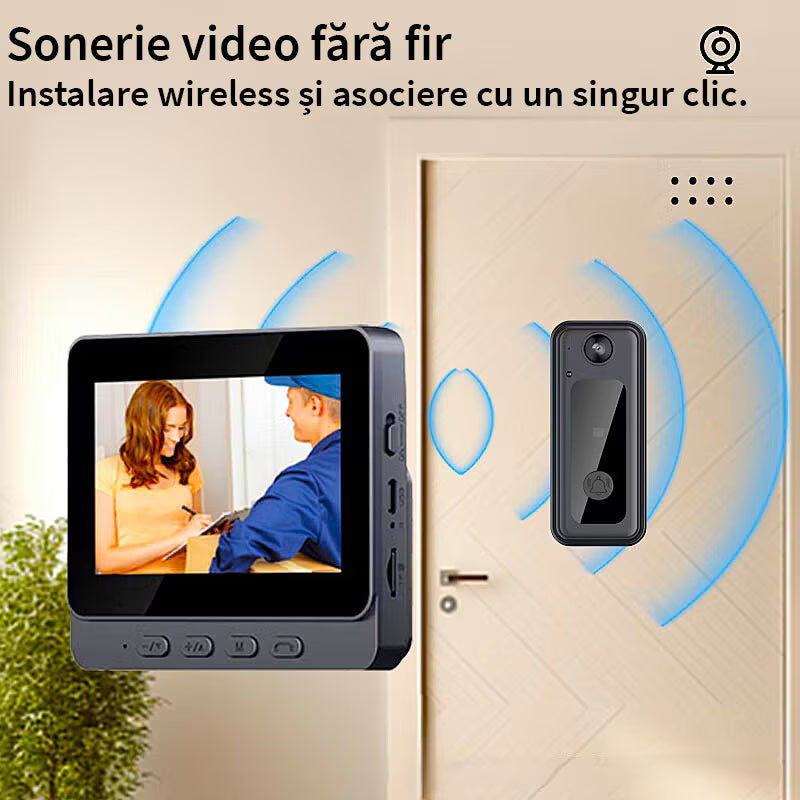 Sonerie video inteligenta Wireless, Ecran IPS 4.3 inch, Night Vision, Senzor IR, Interfon Video HD, 8MP, comunicare bidirectionala, unghi de vizualizare 170°, baterii incorporate, Negru