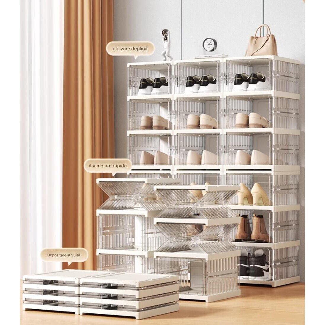 Cutii Organizatoare pentru incaltaminte, 6 compartimente, pliabile, design transparent, 34.5x25.5x105cm, alb