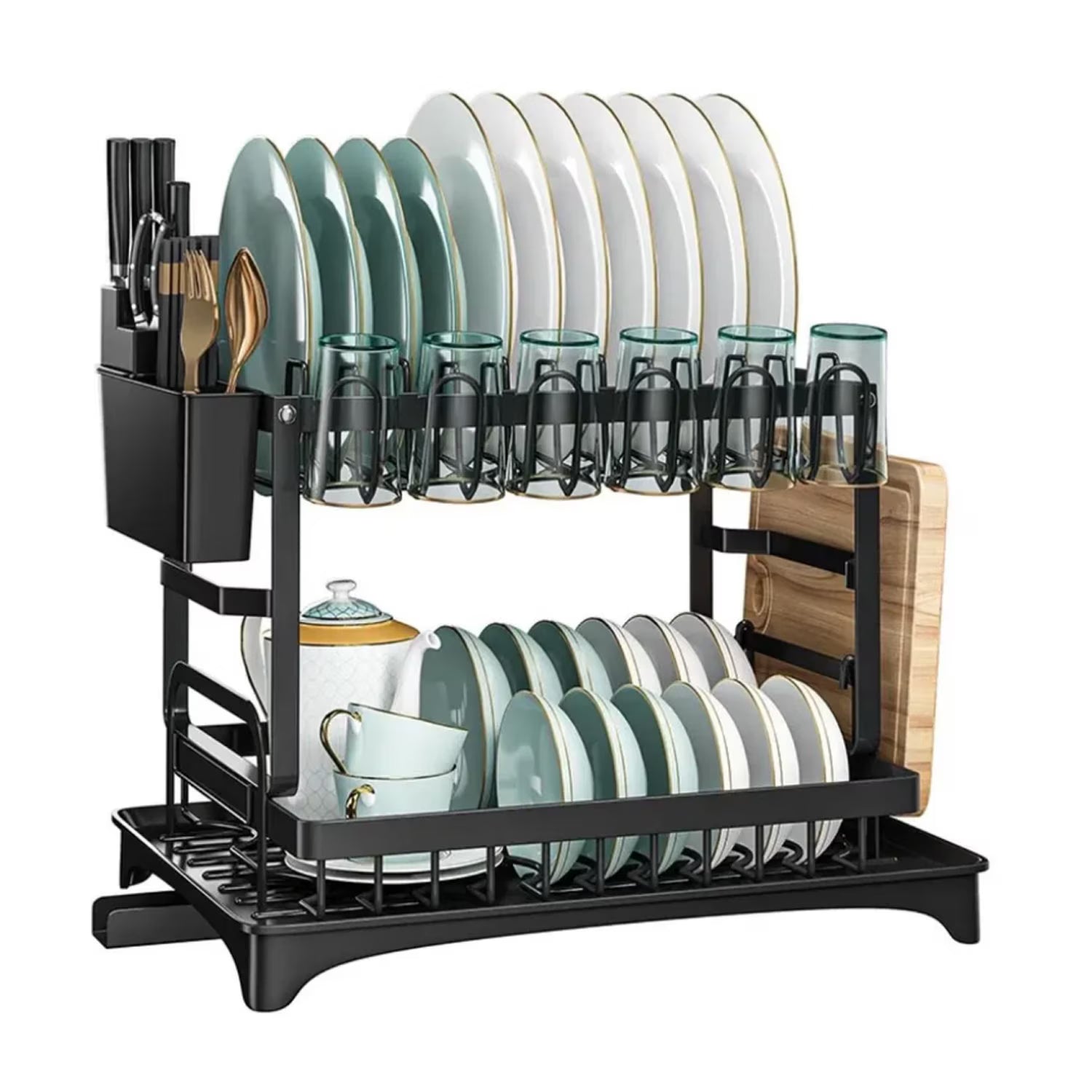 Scurgator vase, design auto-draining, organizator compact, negru, 42x30x29cm