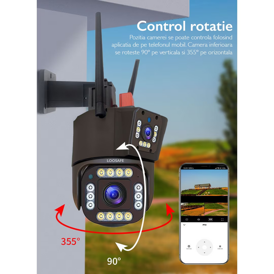 Camera de Supraveghere Dubla WIFI, 8MP, Exterior/Interior, Ultra HD, 5X zoom, Rotire, Leduri, Lumina, Comunicare Bidirectionala, Alarma, Senzor Miscare