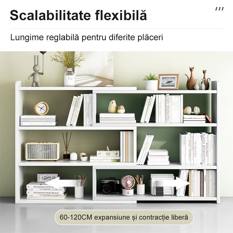 RESIGILAT - Biblioteca cu 6 compartimente, rotativa, cu lungime reglabila si extensibila, (60-120)×17×80cm, alb