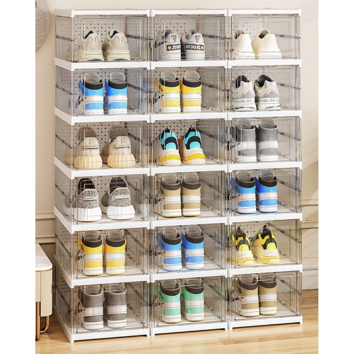 Cutii Organizatoare pentru incaltaminte, 6 compartimente, pliabile, design transparent, 34.5x25.5x105cm, alb