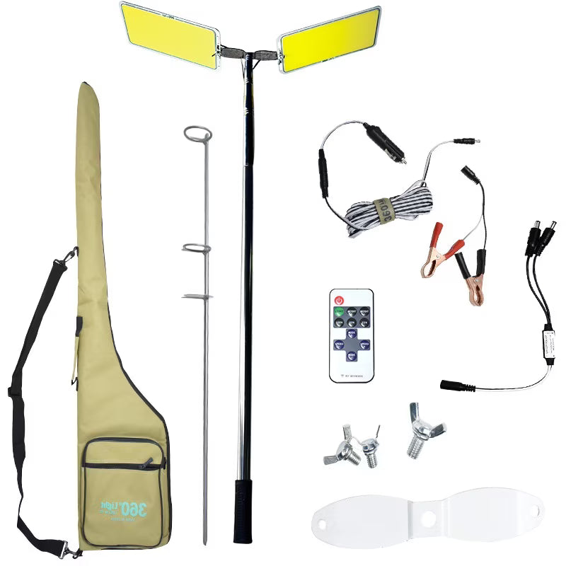 Kit Nocturna eLIVE FR-12, Proiector Camping LED 94W 9116lm, Waterproof, Brat Telescopic Ajutabil 5m, 3 Adaptoare 220V-AUTO-Cleme Crocodil Baterie, Telecomanda, Geanta Transport