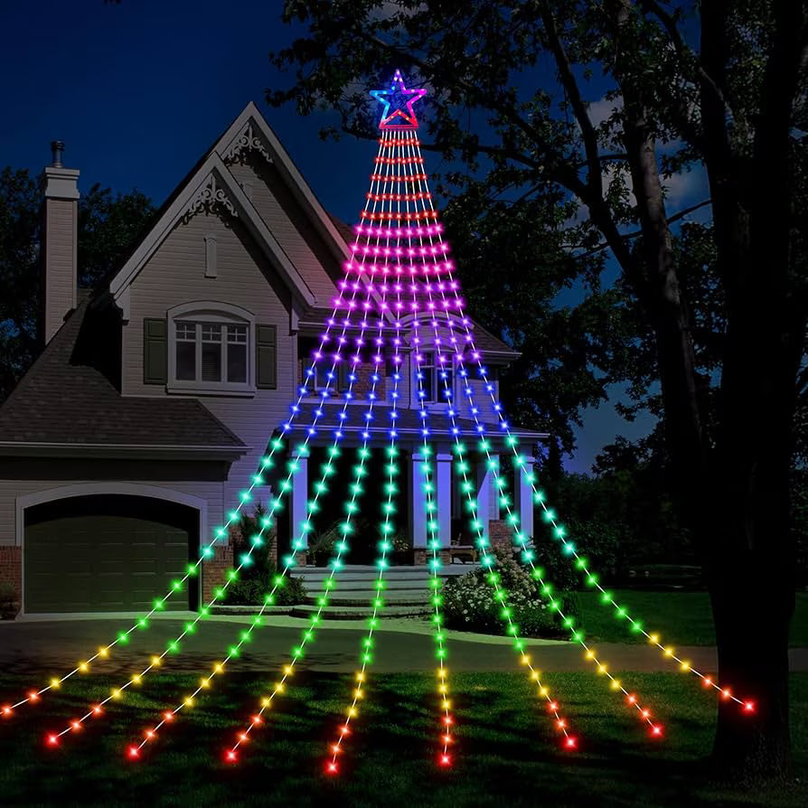 Instalatie Perdea cu varf de Stea Luminoasa 350 LED cu 9 Siruri, Alimentare la Priza, Decor Craciun