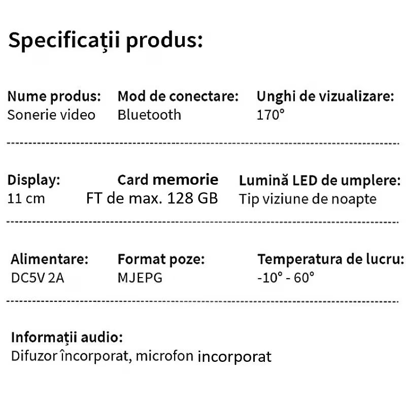 Sonerie video inteligenta Wireless, Ecran IPS 4.3 inch, Night Vision, Senzor IR, Interfon Video HD, 8MP, comunicare bidirectionala, unghi de vizualizare 170°, baterii incorporate, Negru