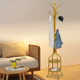 RESIGILAT - Cuier de podea metalic auriu, 34 x 189 cm, cu carlige multiple si 2 rafturi de depozitare, tip hall tree, pentru hol, dormitor sau birou