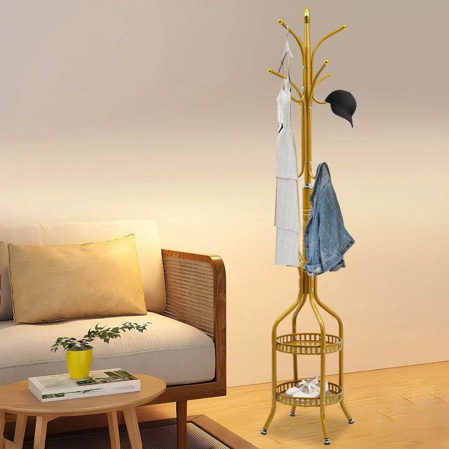 RESIGILAT - Cuier de podea metalic auriu, 34 x 189 cm, cu carlige multiple si 2 rafturi de depozitare, tip hall tree, pentru hol, dormitor sau birou