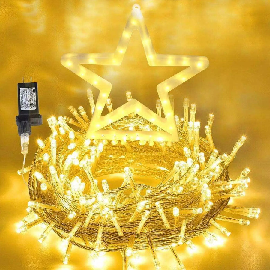 Instalatie Perdea cu varf de Stea Luminoasa 350 LED cu 9 Siruri, Alimentare la Priza, Decor Craciun