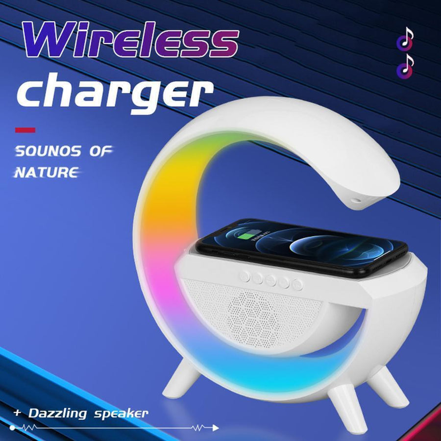 Lampă LED multifuncțională RGB cu încărcare wireless 15W și boxă Bluetooth, albă