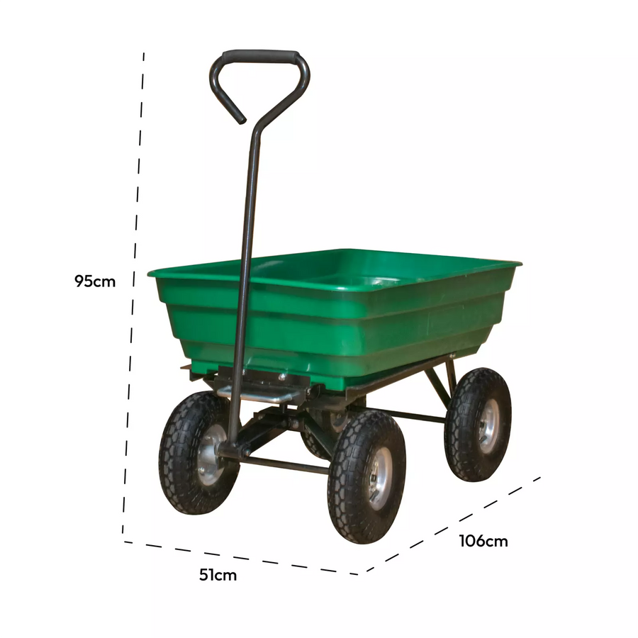 Carucior pentru gradina si curte, cuva basculanta, 125 L, roti cauciuc, verde