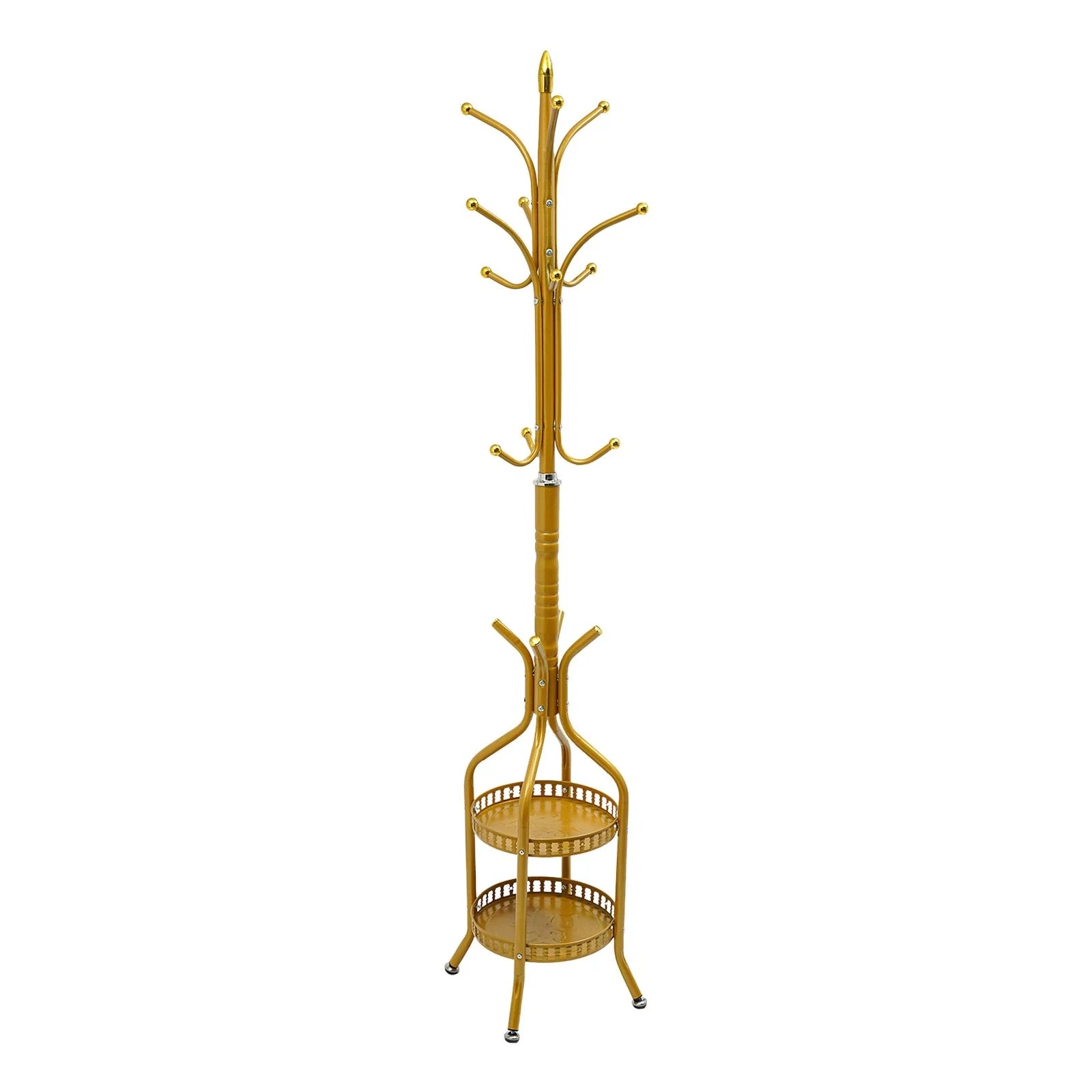 RESIGILAT - Cuier de podea metalic auriu, 34 x 189 cm, cu carlige multiple si 2 rafturi de depozitare, tip hall tree, pentru hol, dormitor sau birou