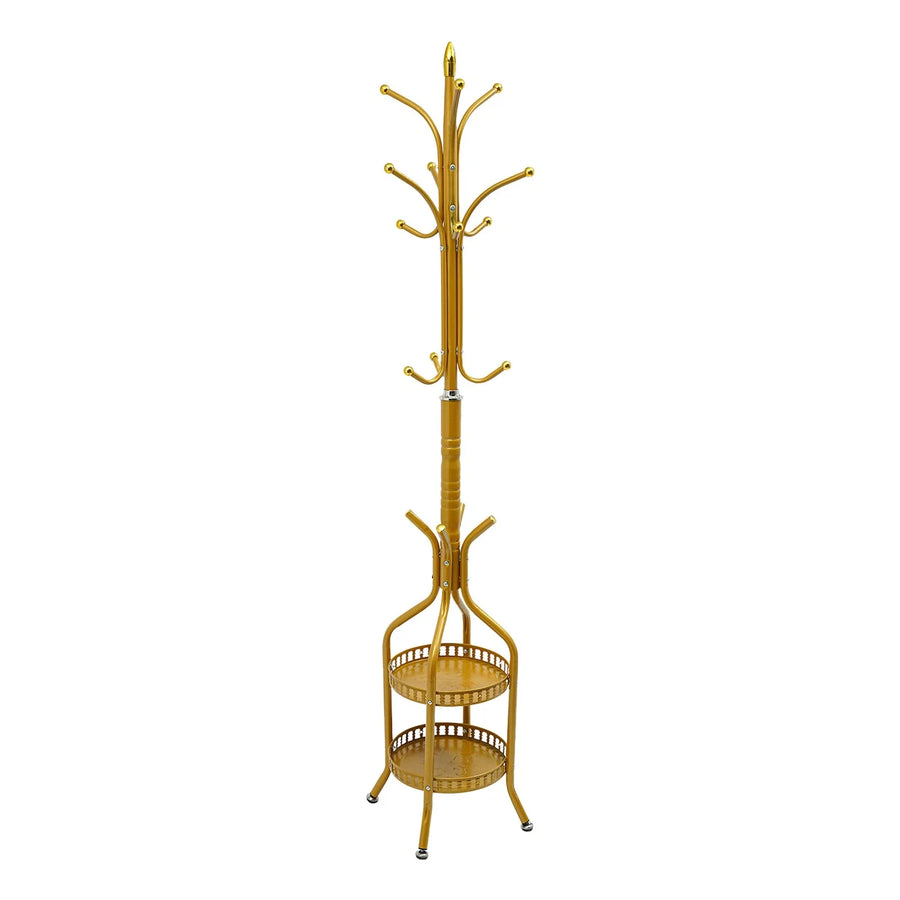 Cuier de podea metalic auriu, 34 x 189 cm, cu carlige multiple si 2 rafturi de depozitare, tip hall tree, pentru hol, dormitor sau birou