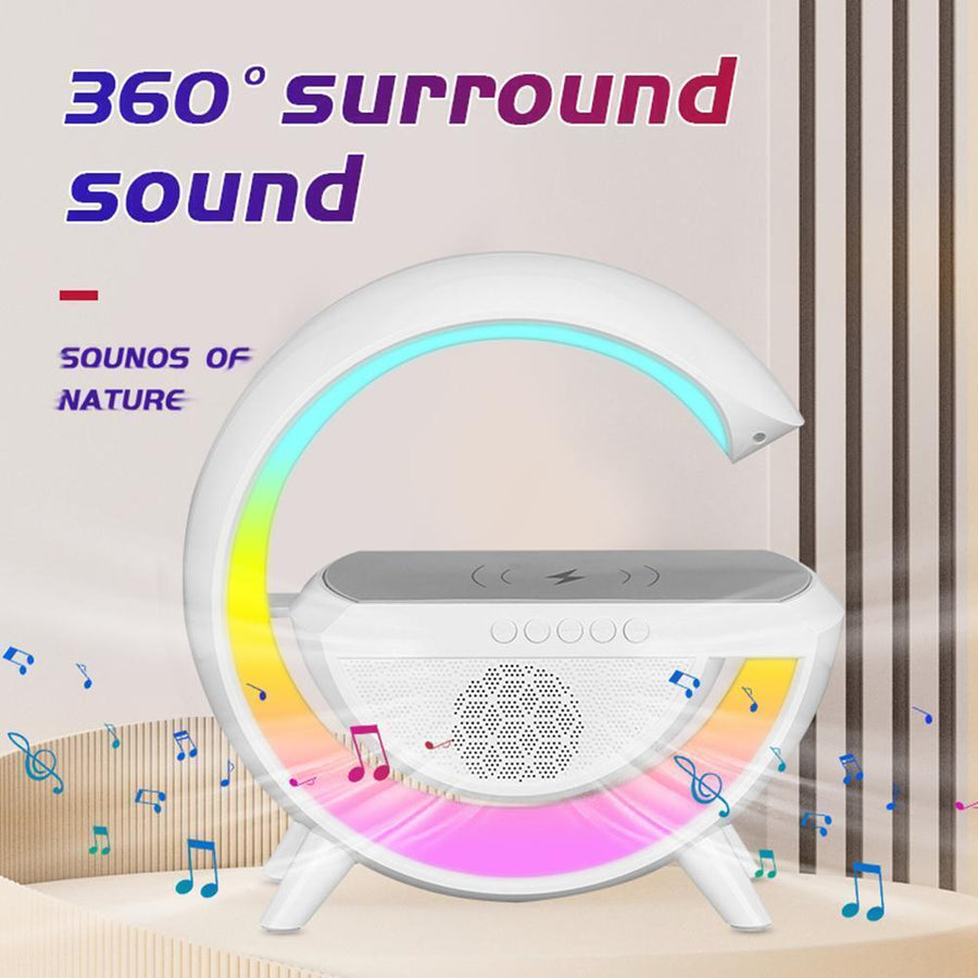 Lampă LED multifuncțională RGB cu încărcare wireless 15W și boxă Bluetooth, albă