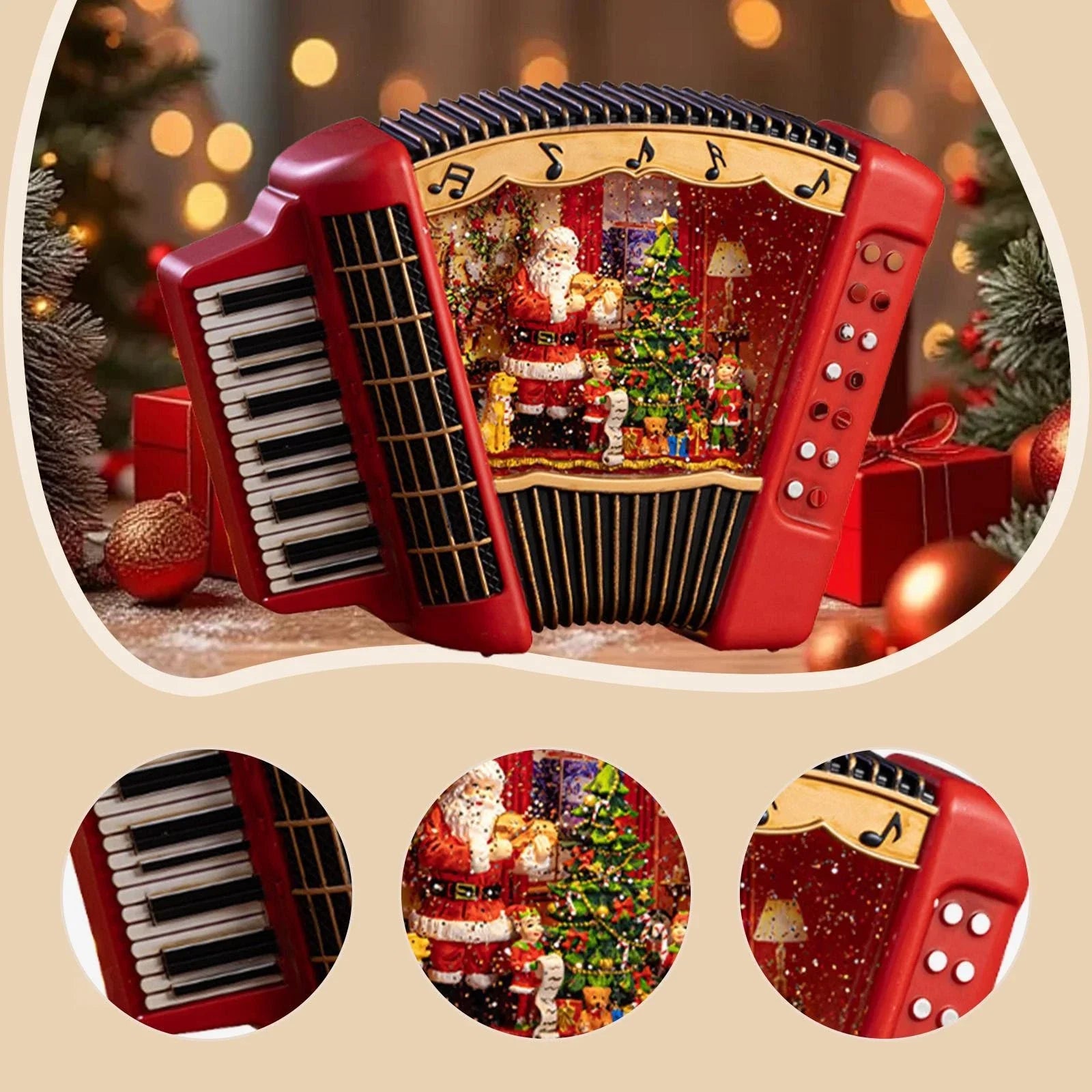 Acordeon decorativ Craciun premium cu lumini, muzica si glob cu zapada
