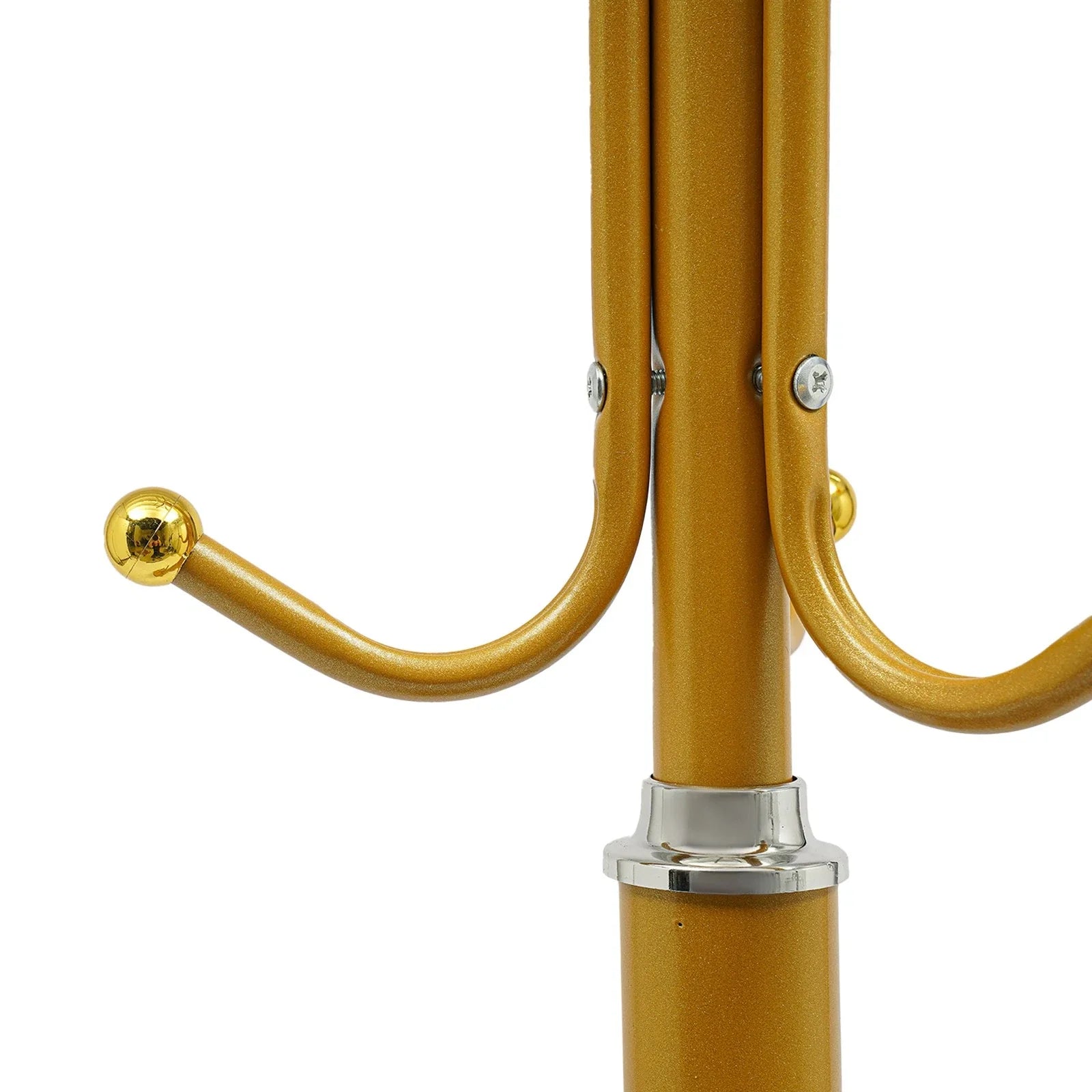 RESIGILAT - Cuier de podea metalic auriu, 34 x 189 cm, cu carlige multiple si 2 rafturi de depozitare, tip hall tree, pentru hol, dormitor sau birou
