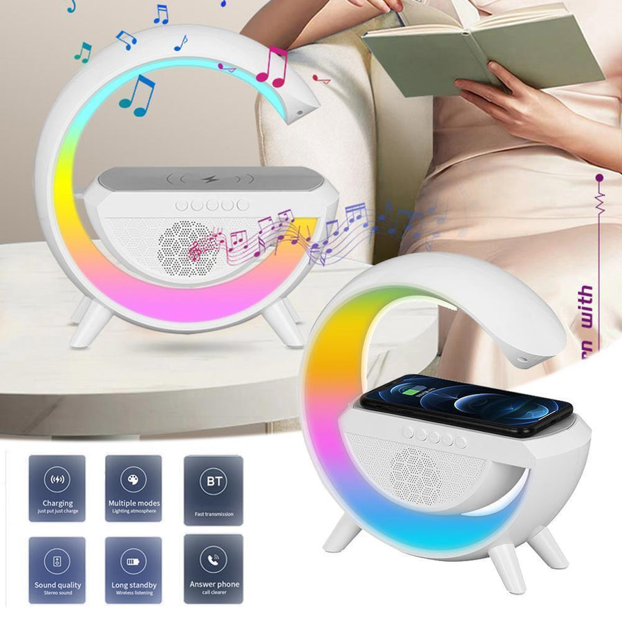 Lampă LED multifuncțională RGB cu încărcare wireless 15W și boxă Bluetooth, albă